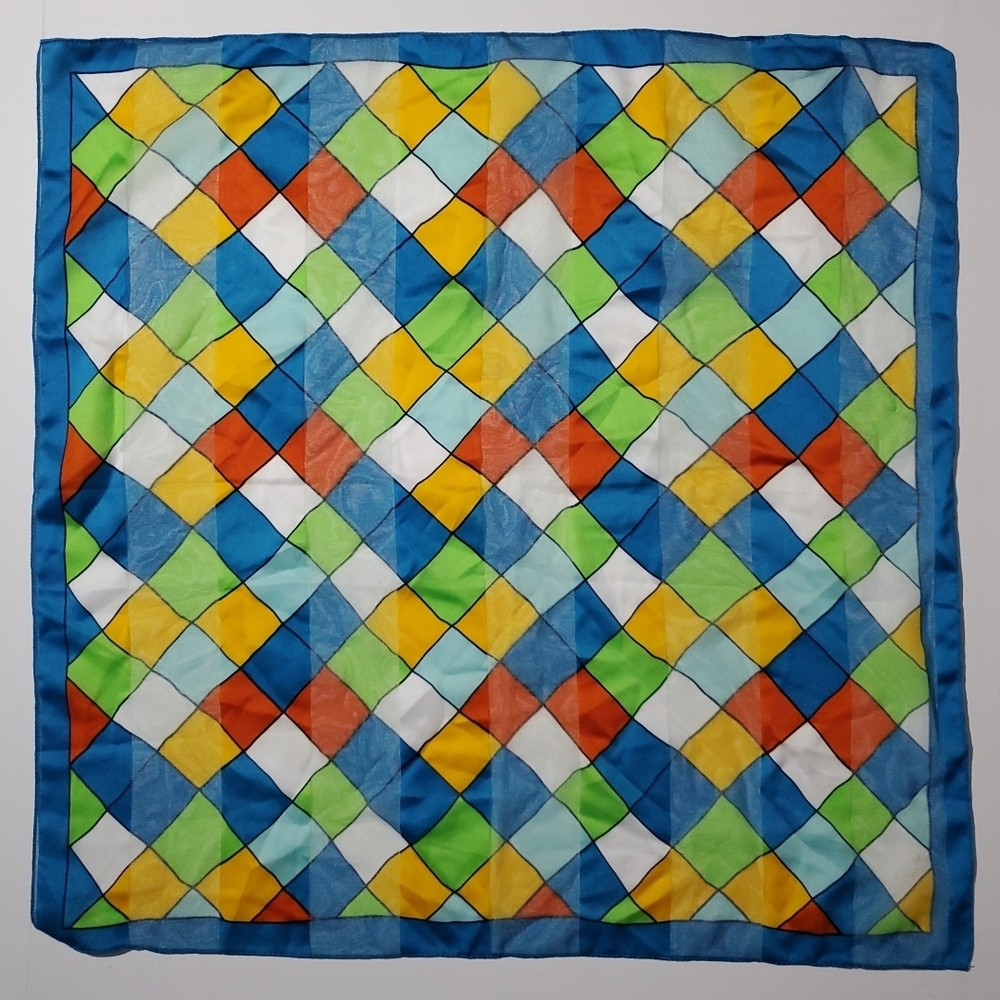 Vintage Italian Scarf SYMPHONY Colorful Blue Harlequin Diamonds 20" SQUARE